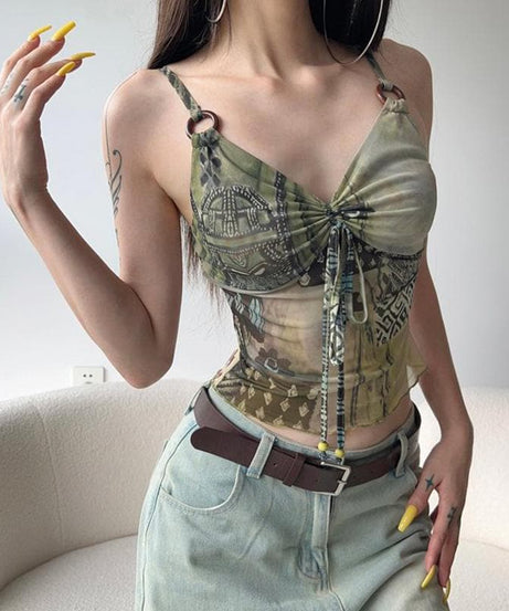 Y2K Boho Chic Patchwork Mesh Cami Top - O-Ring Ruched Detail for Fall
