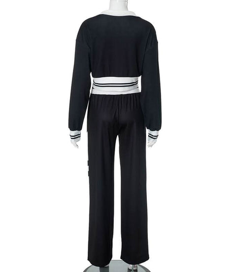 Women's Fall Athleisure Black & White Tracksuit Set | Zip-Up Crop Jacket & Wide Leg Pants