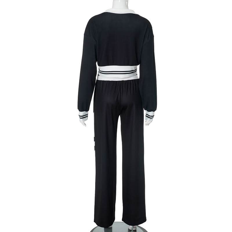 Women's Fall Athleisure Black & White Tracksuit Set | Zip-Up Crop Jacket & Wide Leg Pants