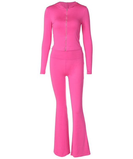 Fuchsia Flare Power: Y2K Zip-Up Hoodie & High-Rise Bell Bottom Set – Fall's Hottest Athleisure