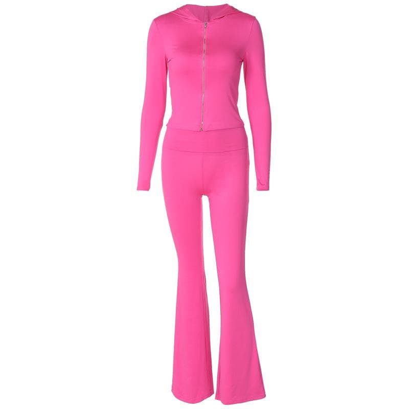 Fuchsia Flare Power: Y2K Zip-Up Hoodie & High-Rise Bell Bottom Set – Fall's Hottest Athleisure