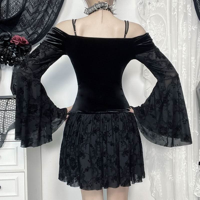 Slay the Night: Gothic Velvet Off-Shoulder Mini Dress - Dramatic Flared Sleeves for Halloween & Fall Parties
