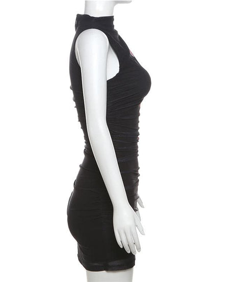 Sultry Orchid Blossom Mock Neck Mini Dress - Black Ruched Mesh for Fall & Holiday Parties