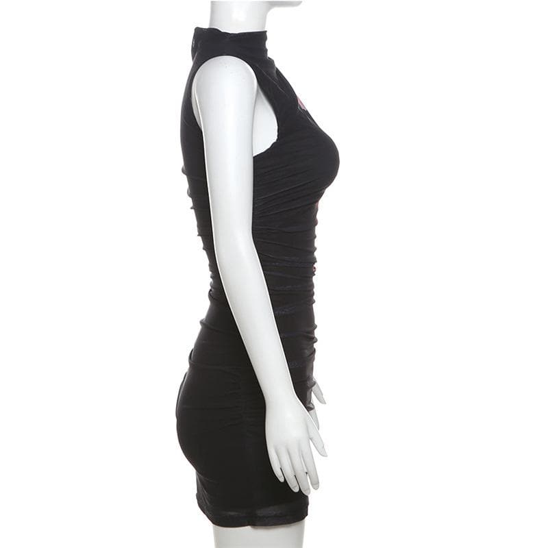 Sultry Orchid Blossom Mock Neck Mini Dress - Black Ruched Mesh for Fall & Holiday Parties