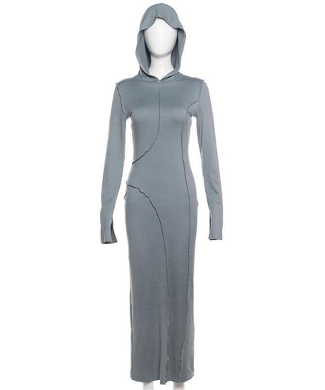 Chic Comfort: Sculptural Seam Hooded Maxi Dress - Fall Bodycon Essential