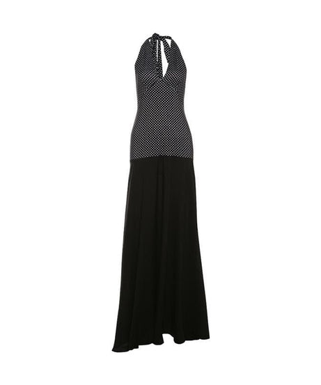 Elegant Polka Dot Halter V-Neck Maxi Dress - Fall Gala & Holiday Party Essential