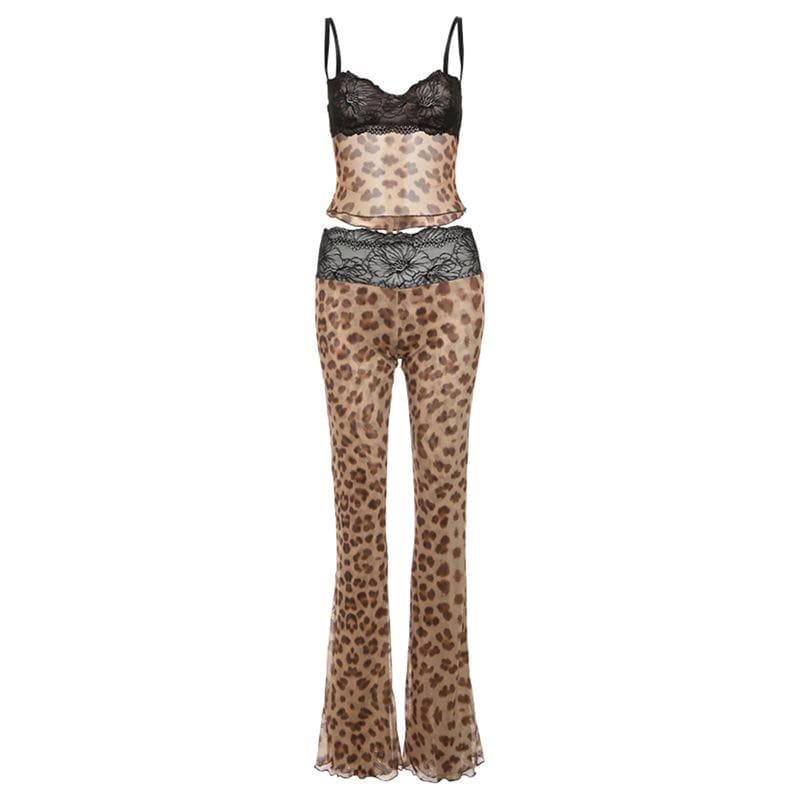 “Sultry Siren” Black Lace Mesh Sweetheart Cami & Flare Pant Set | Halloween & Fall Nights