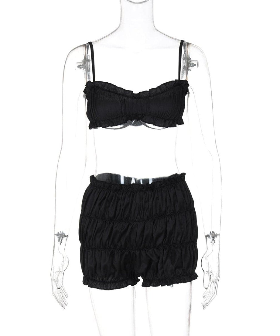 Dreamy Silky Ruched Cami Top & Bubble Shorts Set – Luxe Loungewear for Cozy Fall Evenings