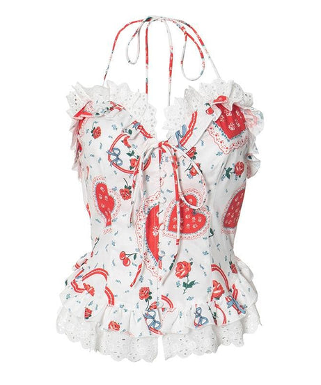 Darling Sweetheart Halter Top | Vintage Heart, Rose & Lace Ruffle Blouse