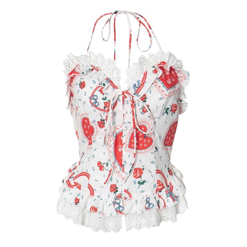 Darling Sweetheart Halter Top | Vintage Heart, Rose & Lace Ruffle Blouse