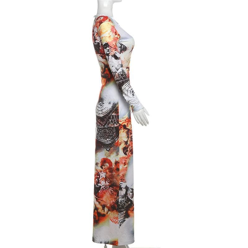 Artistic Renaissance Print Long Sleeve Maxi Dress - Fall Statement Style