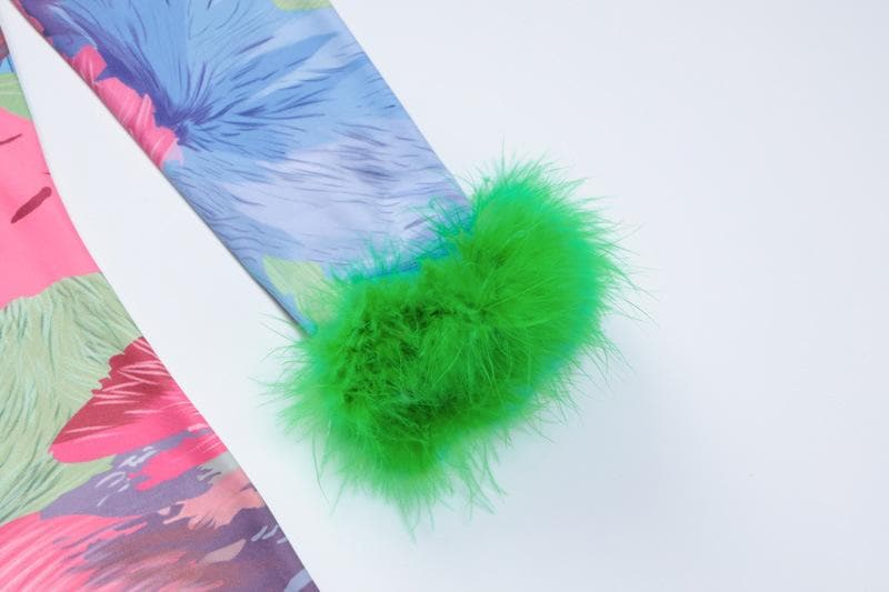 Show-Stopping Feather-Cuff Mini Dress | Vibrant Abstract Print Bodycon for Fall Parties & Holiday Fun