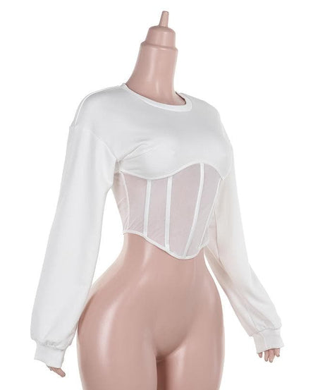 Chic White Mesh Corset Long Sleeve Crop Top | Fall 2025 Trendy Essential