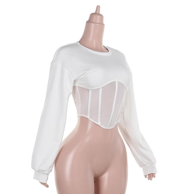 Chic White Mesh Corset Long Sleeve Crop Top | Fall 2025 Trendy Essential
