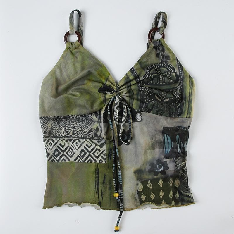 Y2K Boho Chic Patchwork Mesh Cami Top - O-Ring Ruched Detail for Fall
