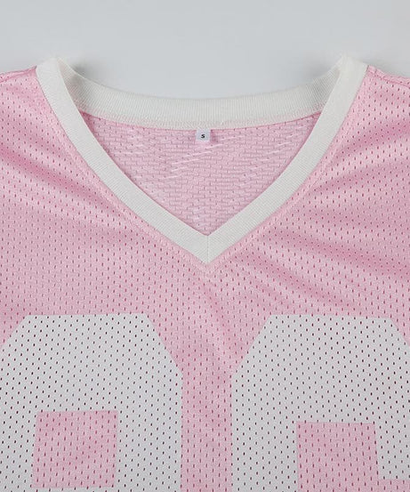 Women's Pink '96' Mesh Jersey V-Neck Top - Fall Game Day & Sporty Athleisure