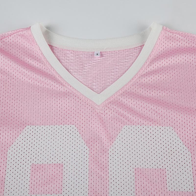 Women's Pink '96' Mesh Jersey V-Neck Top - Fall Game Day & Sporty Athleisure