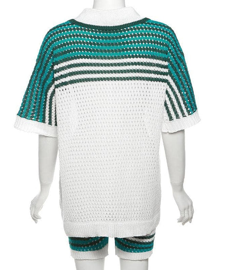 Cozy Knit Polo Top & Shorts Set - Effortless Green & White Fall Loungewear