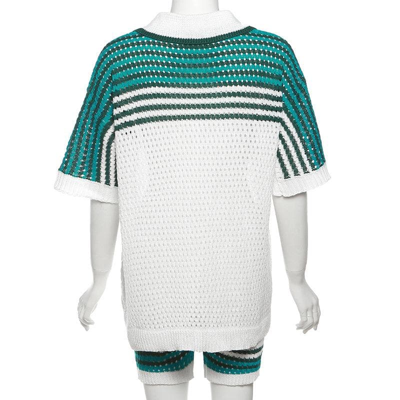 Cozy Knit Polo Top & Shorts Set - Effortless Green & White Fall Loungewear