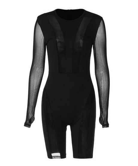 The 'Enigma' Sheer Mesh Patchwork Long Sleeve Romper - Fall Nights Out & Halloween Party Ready