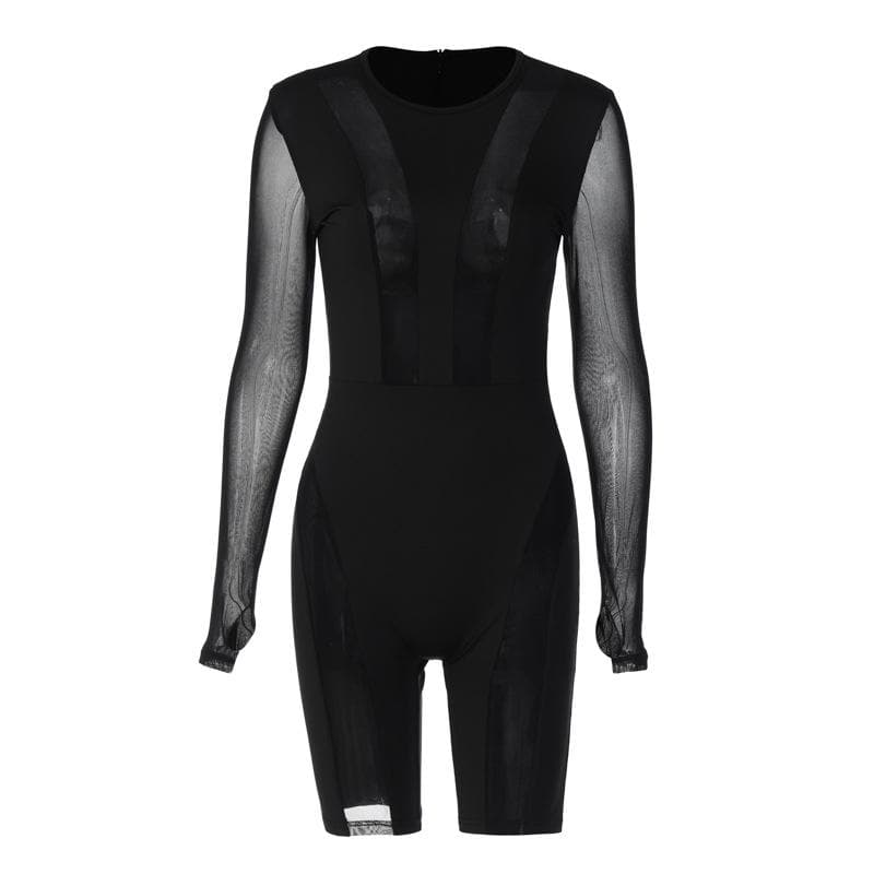 The 'Enigma' Sheer Mesh Patchwork Long Sleeve Romper - Fall Nights Out & Halloween Party Ready