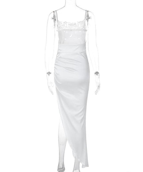 Glamorous White Satin & Lace Ruched Maxi Dress - Elegant Slit for Holiday Parties & Events