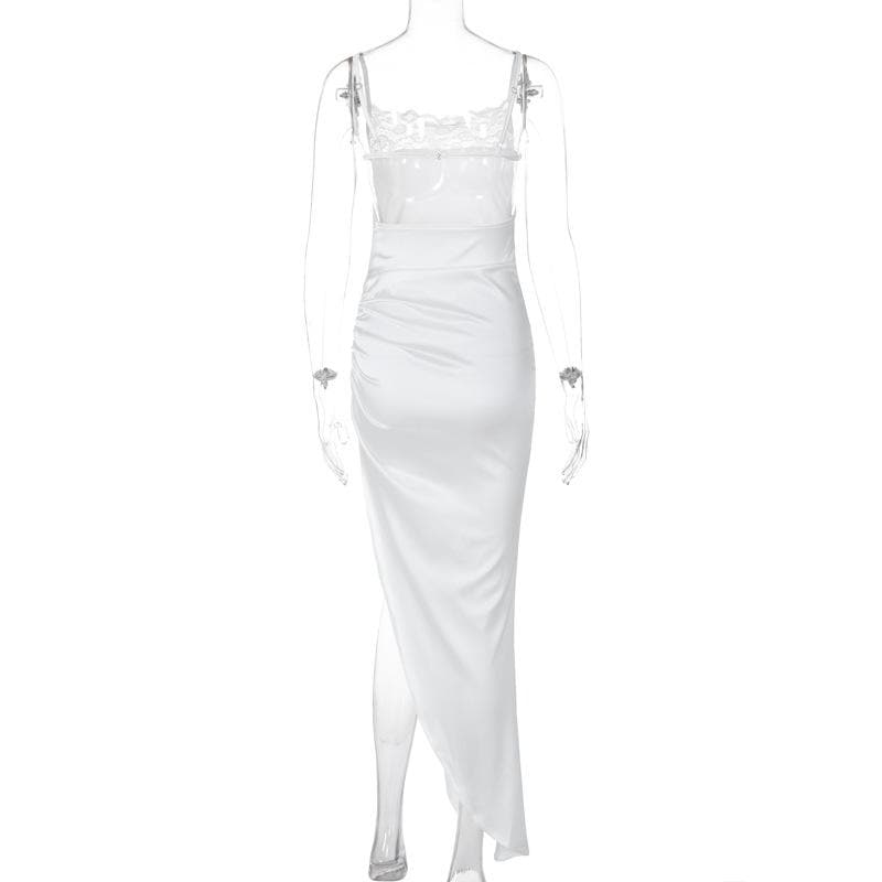 Glamorous White Satin & Lace Ruched Maxi Dress - Elegant Slit for Holiday Parties & Events