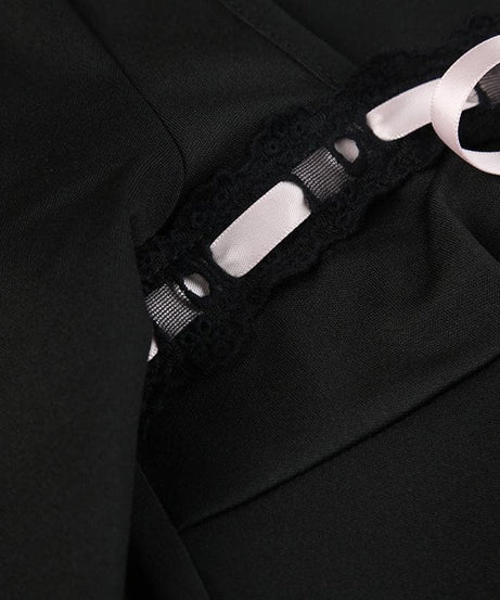 Chic Fall Coquette Black Pleated Mini Dress | Square Neck Long Sleeve & Ribbon Detail