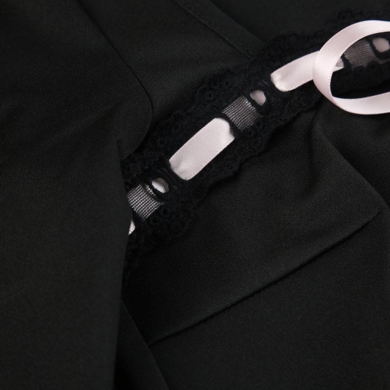 Chic Fall Coquette Black Pleated Mini Dress | Square Neck Long Sleeve & Ribbon Detail