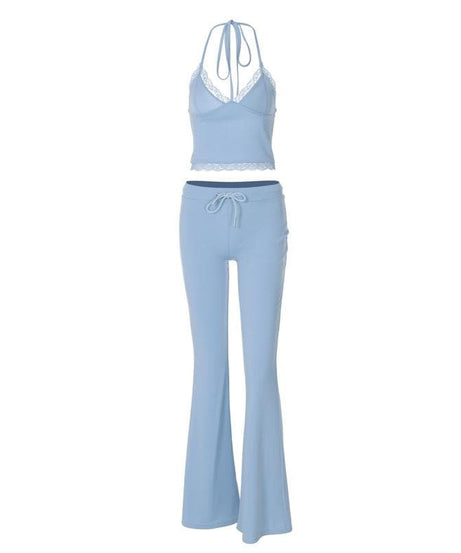 Y2K Dreamy Baby Blue Lace Halter Crop & Flare Pant Set | Cozy Chic Loungewear