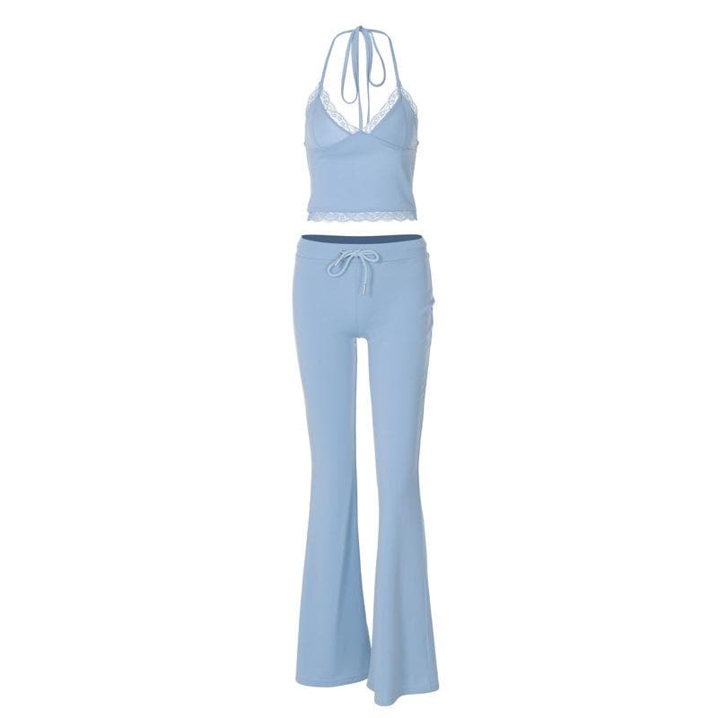 Y2K Dreamy Baby Blue Lace Halter Crop & Flare Pant Set | Cozy Chic Loungewear