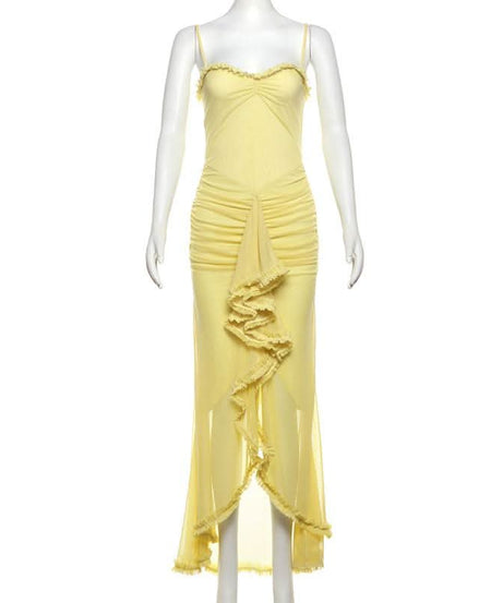 Sun-Kissed Radiance: Yellow Ruffle Mesh Backless Maxi Dress - Your Vacation & Event Essential
