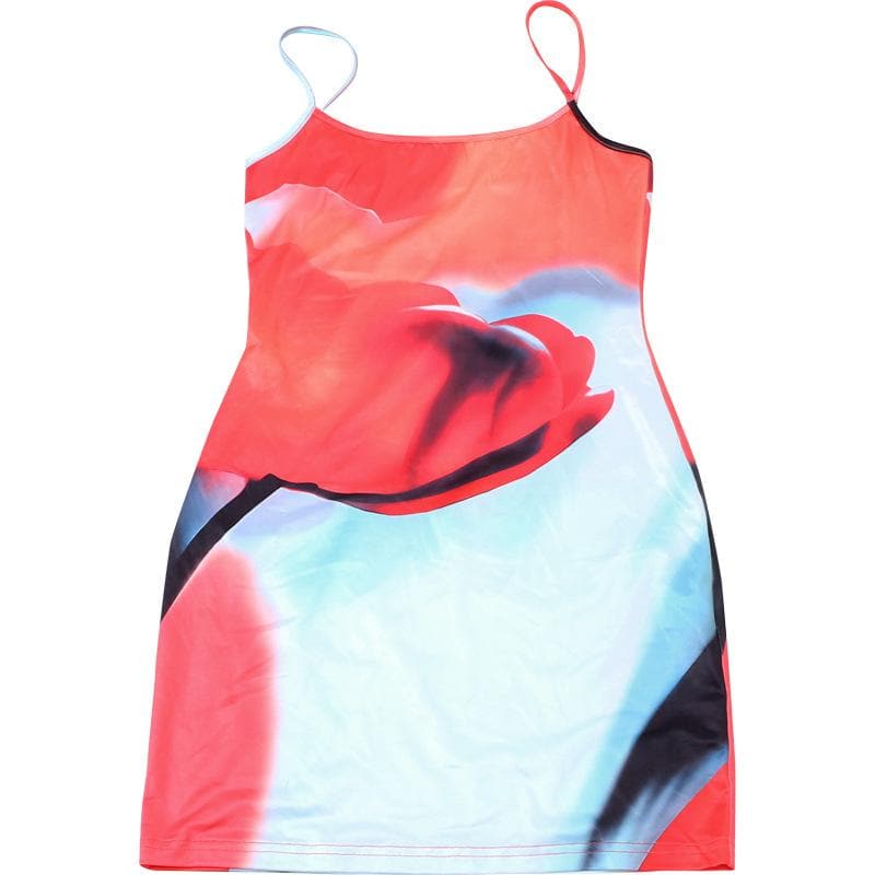 Vibrant Abstract Bloom Bodycon Mini Dress – Red & Blue Statement for Fall Parties