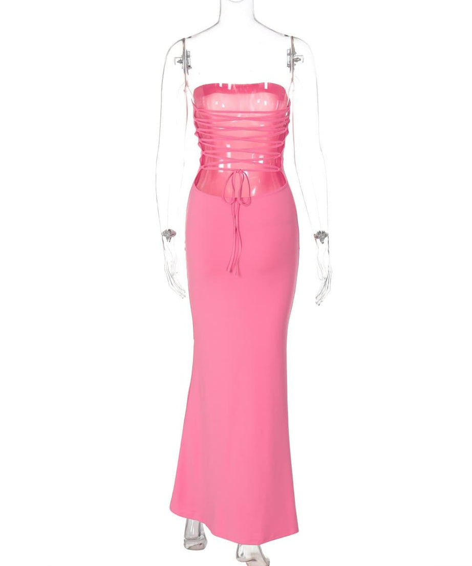 Slay the Scene: Hot Pink Strapless Maxi Gown with Knotted Lace-Up Back | Fall & Holiday Event Dress