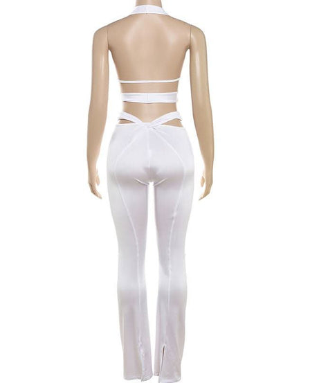 Chic White Twist Halter Crop Top & Flare Pant Set - Holiday Glam & Resort Ready