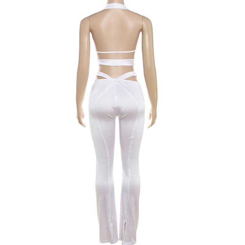 Chic White Twist Halter Crop Top & Flare Pant Set - Holiday Glam & Resort Ready