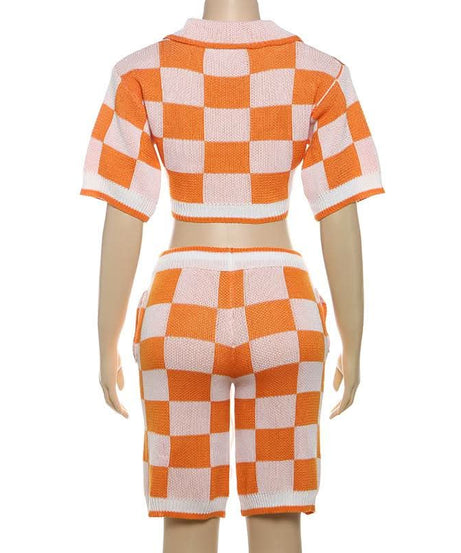 Fall Vibes Retro Orange & White Checkerboard Knit Crop Top & Drawstring Shorts Set