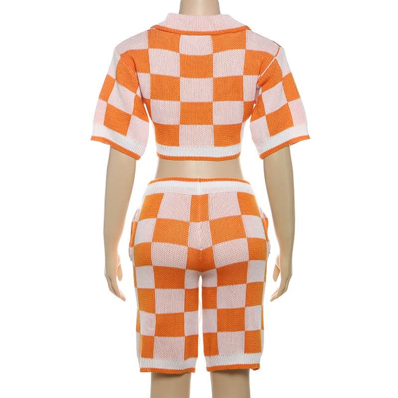 Fall Vibes Retro Orange & White Checkerboard Knit Crop Top & Drawstring Shorts Set