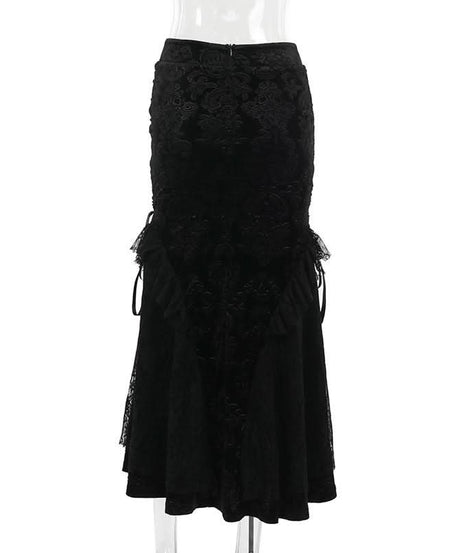 Enchanting Black Velvet Lace-Up Maxi Skirt | Gothic Fall & Halloween Statement Piece