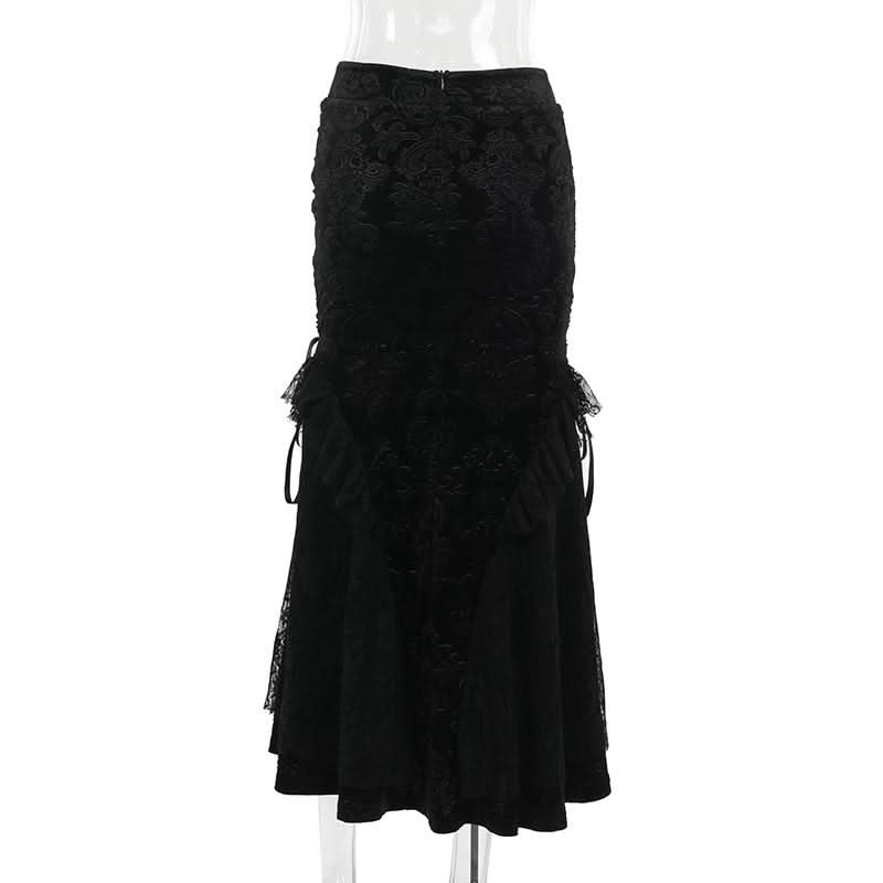 Enchanting Black Velvet Lace-Up Maxi Skirt | Gothic Fall & Halloween Statement Piece