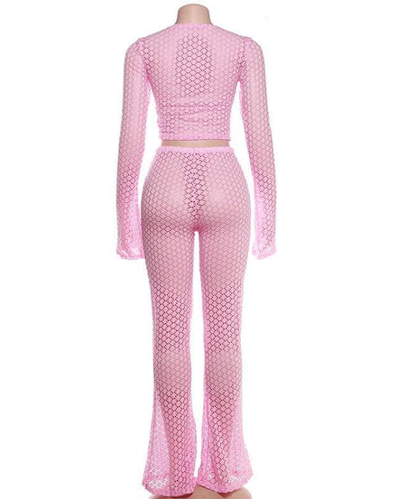 Radiant Bloom Crochet Knit Crop Top & Flared Pants Set - Your Chic Winter Escape Essential