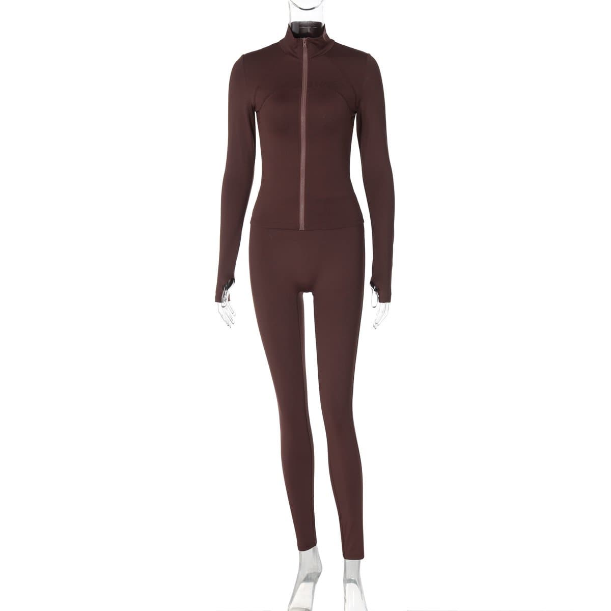 Cozy Fall Chic: Women's Brown Full-Zip Athleisure Set with Thumbholes