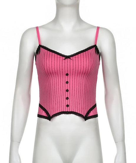 Pink Pinstripe Coquette Cami Top with Lace Trim & Bows - Fall Layering Essential