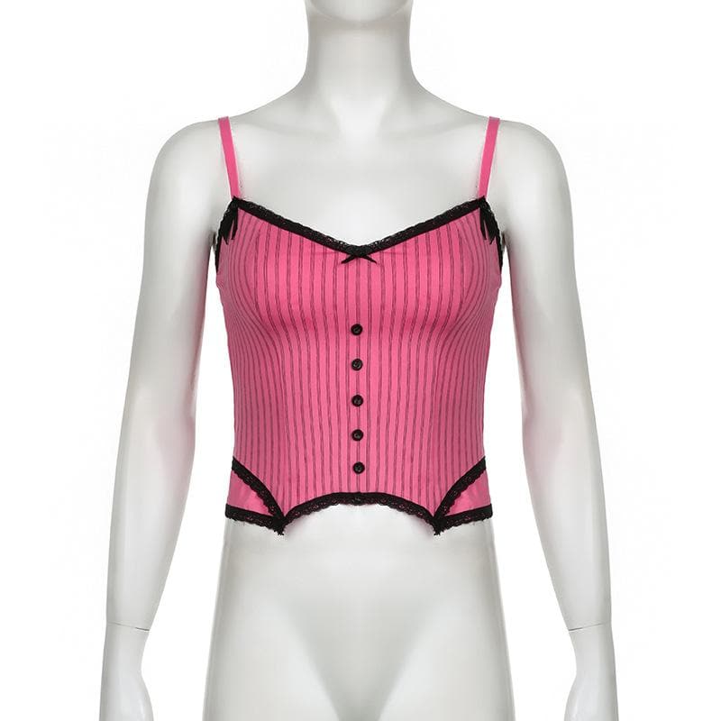 Pink Pinstripe Coquette Cami Top with Lace Trim & Bows - Fall Layering Essential