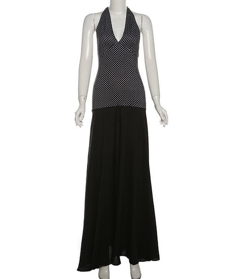 Elegant Polka Dot Halter V-Neck Maxi Dress - Fall Gala & Holiday Party Essential