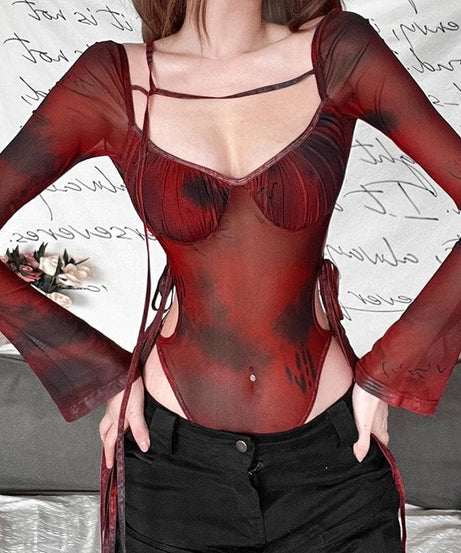 Autumn Edge: Ruched Tie-Dye Mesh Bodysuit with Cutout Ties – Your Go-To for Fall Parties & Halloween