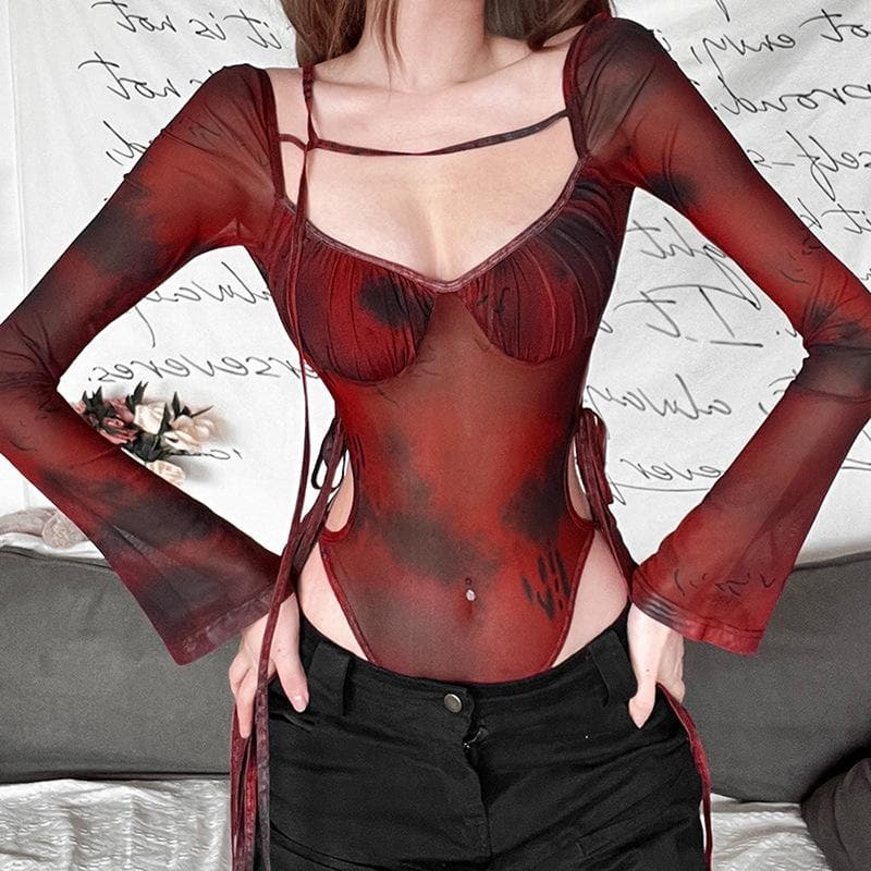 Autumn Edge: Ruched Tie-Dye Mesh Bodysuit with Cutout Ties – Your Go-To for Fall Parties & Halloween