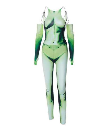Alien Goddess Green Illusion Jumpsuit Set - Backless Bodysuit & Cold Shoulder Rave Pants