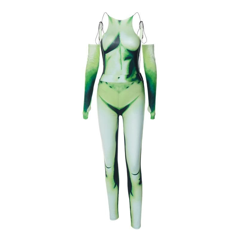 Alien Goddess Green Illusion Jumpsuit Set - Backless Bodysuit & Cold Shoulder Rave Pants