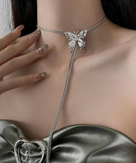 Enchanted Butterfly Lariat Choker Necklace - Adjustable Silver Dangle for Fall & Holiday Glam